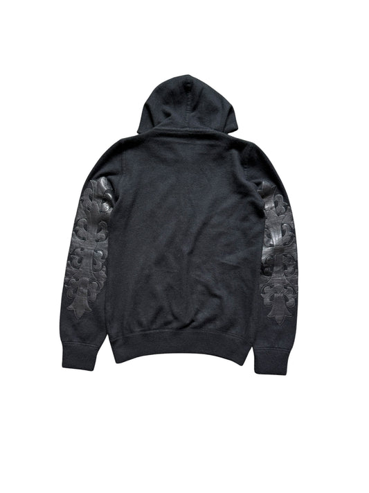 Chrome Hearts Cashmere Leather Floral Cross Embellished Zip Up Hoodie