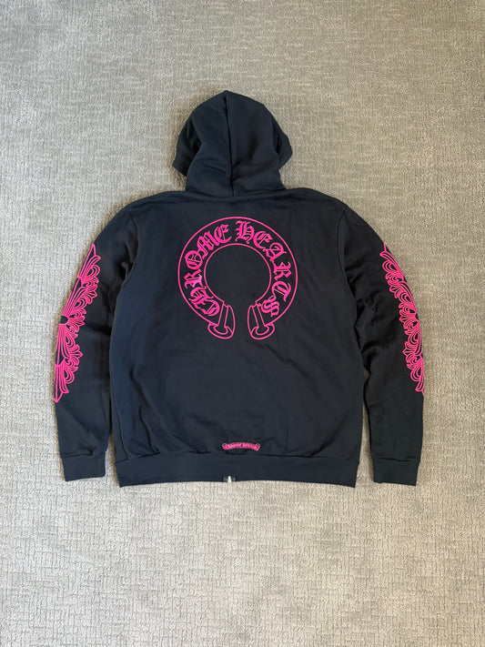 Chrome Hearts Horseshoe Floral Zip Up Hoodie Black Pink