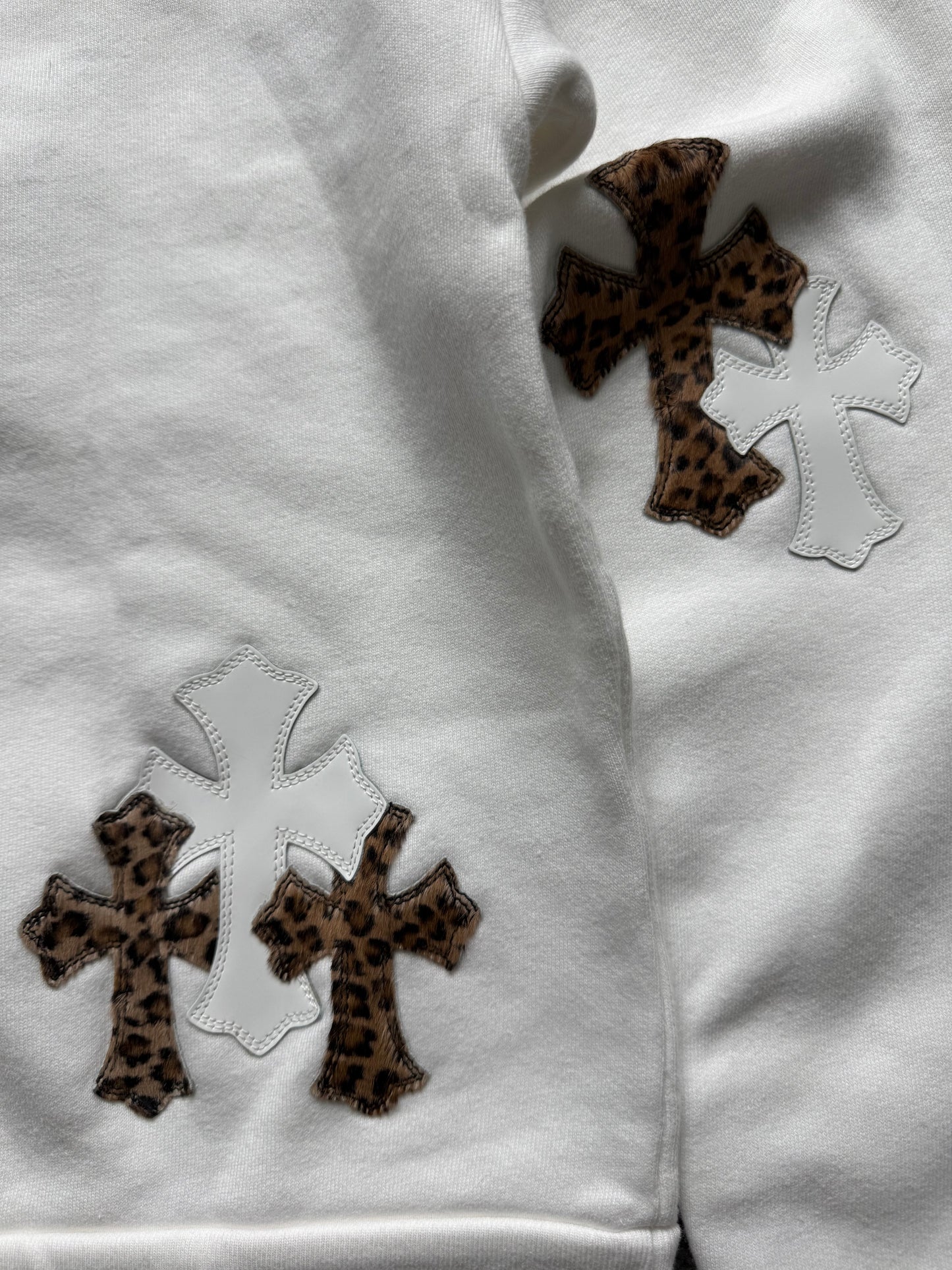 Chrome Hearts Leather Cross Patch Quarter Zip Sweatshirt White Cheetah