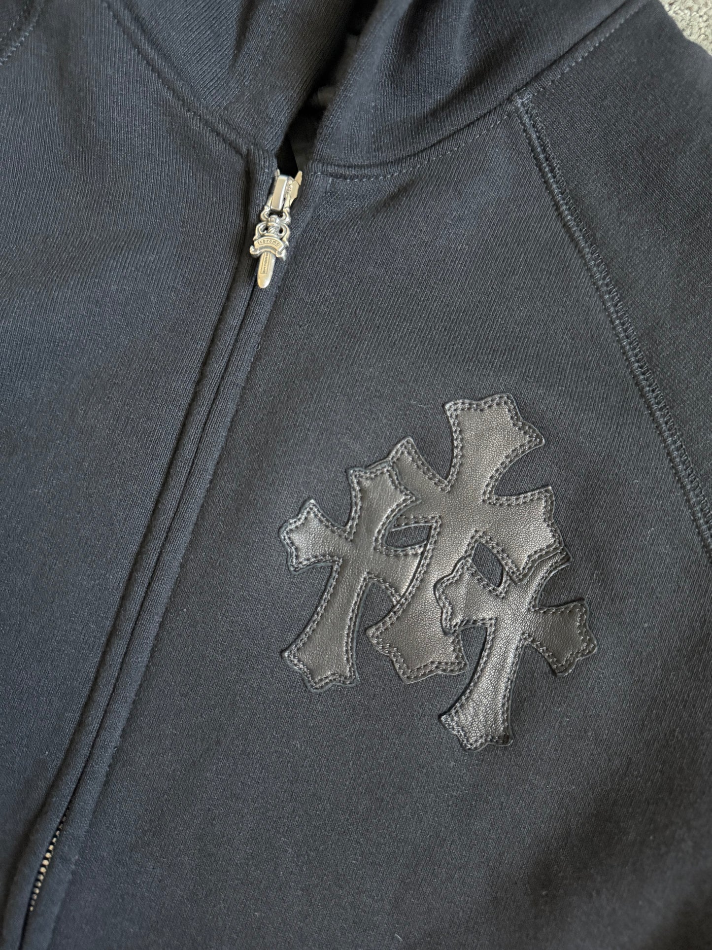 Chrome Hearts Leather Triple Cross Paper Jam Zip Up Hoodie Black