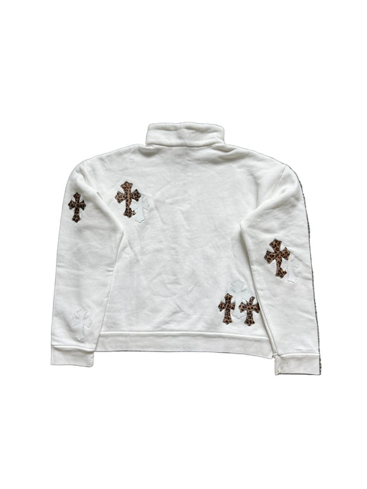 Chrome Hearts Leather Cross Patch Quarter Zip Sweatshirt White Cheetah