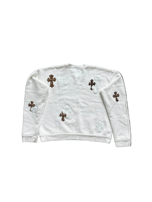 Chrome Hearts Leather Cross Patch Crewneck Sweatshirt White Cheetah