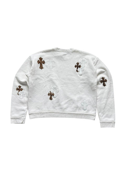Chrome Hearts Leather Cross Patch Crewneck Sweatshirt White Cheetah