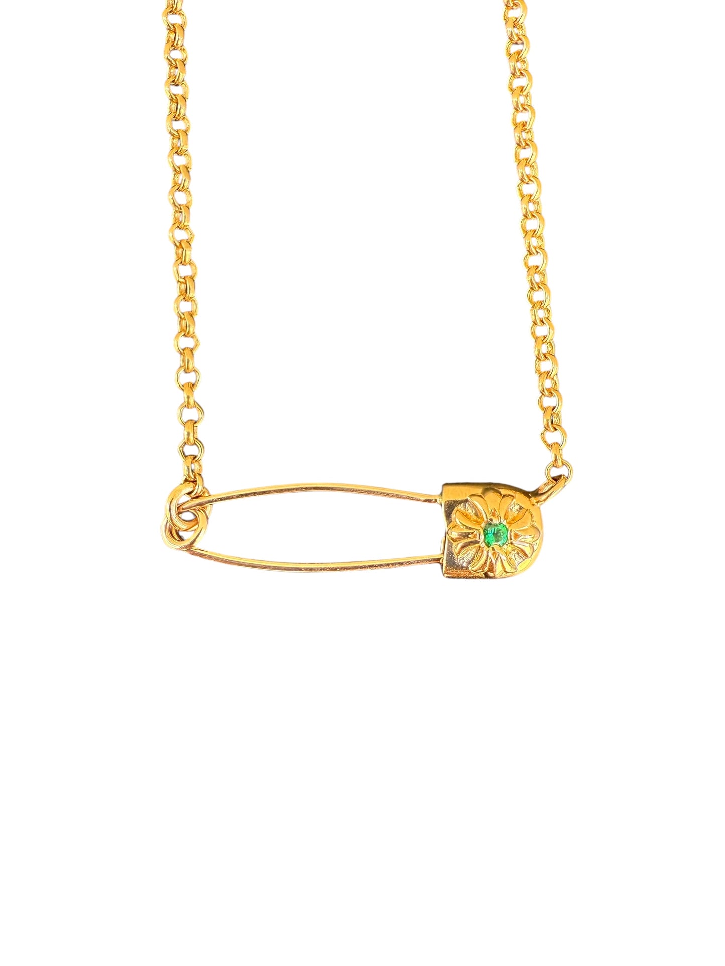 Chrome Hearts 22k Gold Emerald Safety Pin Necklace Chain 16”