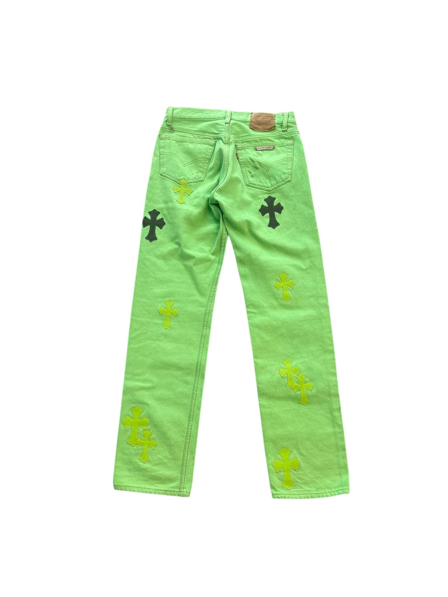 Chrome Hearts Slime Green Levis Leather Cross Denim Jeans