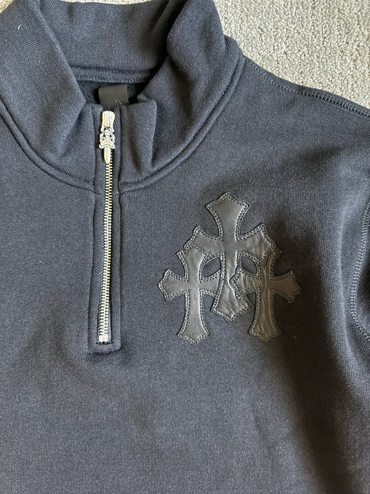 Chrome Hearts Leather Triple Cross Paper Jam 1/4 Zip Sweater Black