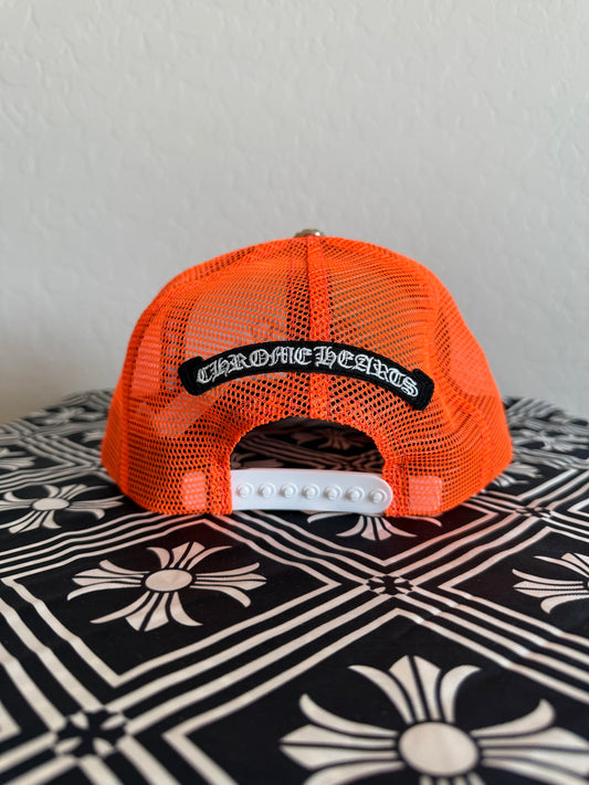 Chrome Hearts Cemetery Triple Cross Leather Patch Trucker Hat Orange/White