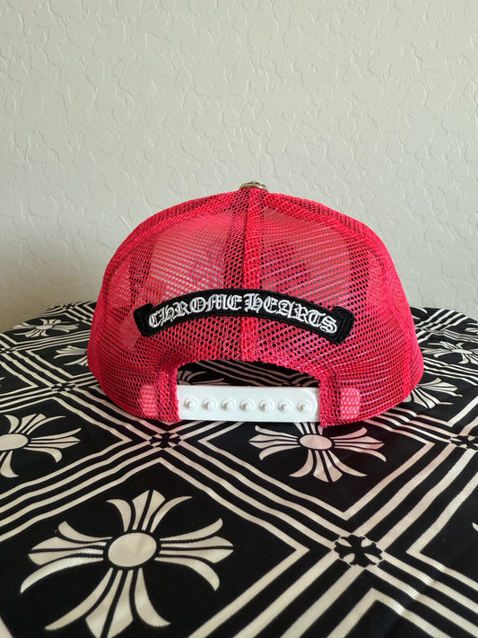 Chrome Hearts Cemetery Triple Cross Leather Patch Trucker Hat Pink/White