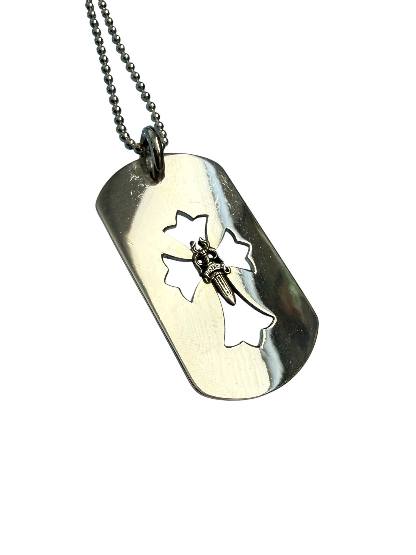 Chrome Hearts Dagger Cross Cut Out Silver Dog Tag with Chain