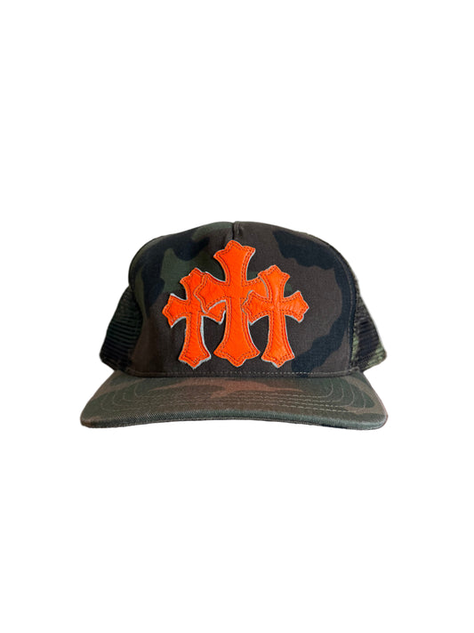 Chrome Hearts Leather Triple Cross Trucker Camo/Orange