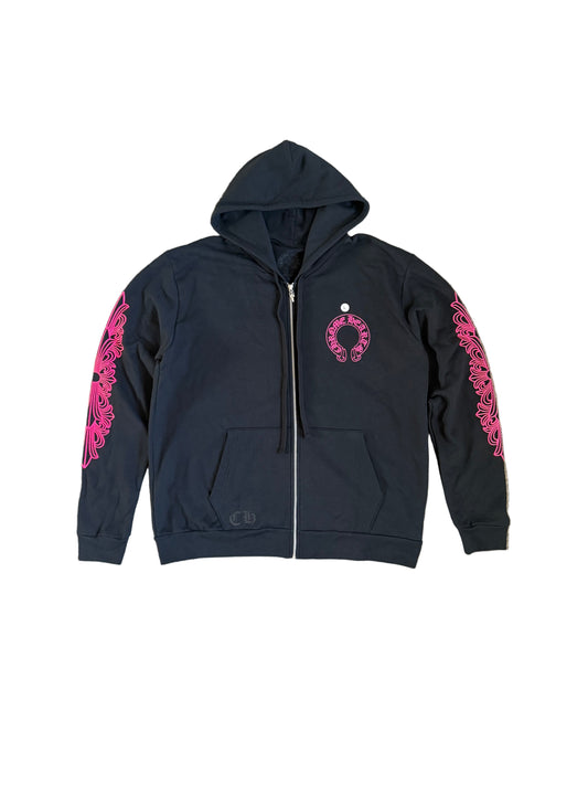 Chrome Hearts Horseshoe Floral Zip Up Hoodie Black Pink