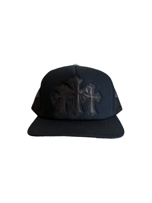 Chrome Hearts Cemetery Leather Cross Patch Trucker Triple Black