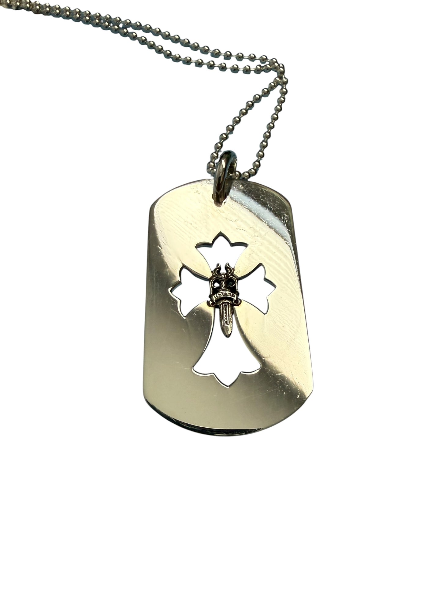 Chrome Hearts Dagger Cross Cut Out Silver Dog Tag with Chain