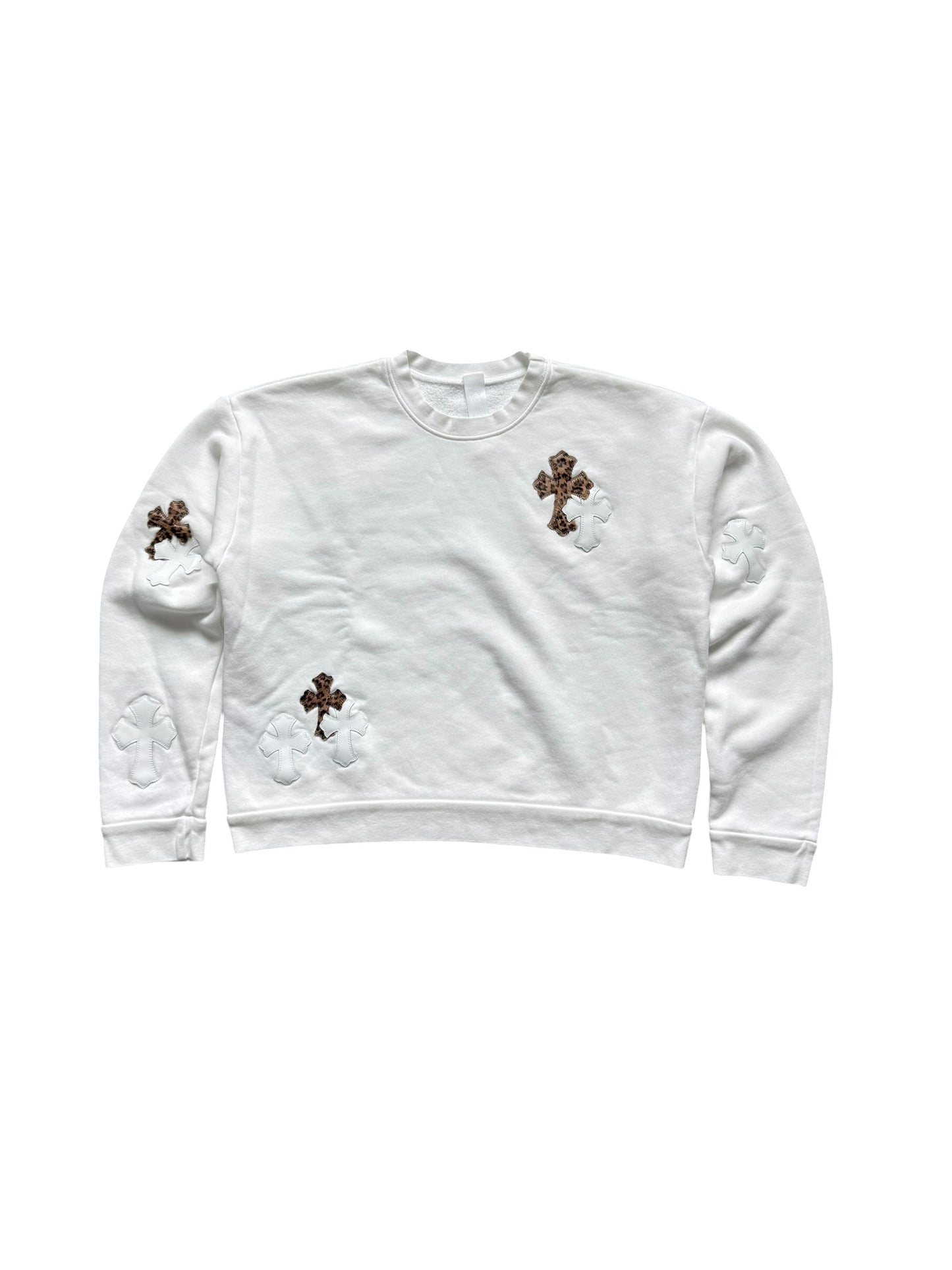 Chrome Hearts Leather Cross Patch Crewneck Sweatshirt White Cheetah