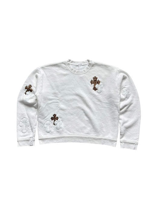 Chrome Hearts Leather Cross Patch Crewneck Sweatshirt White Cheetah