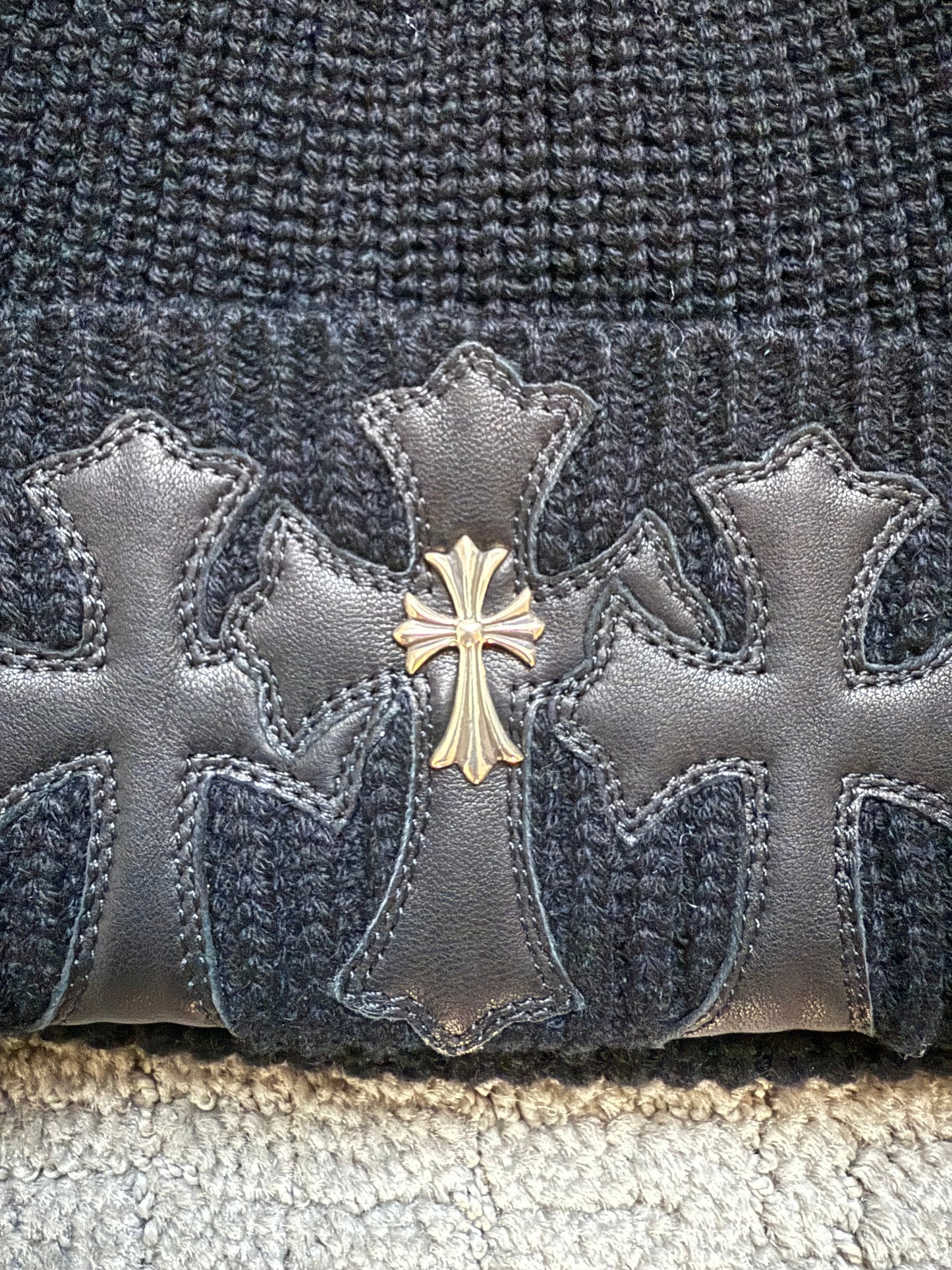 Chrome Hearts Leather Triple Cross Silver Embellished Beanie Black