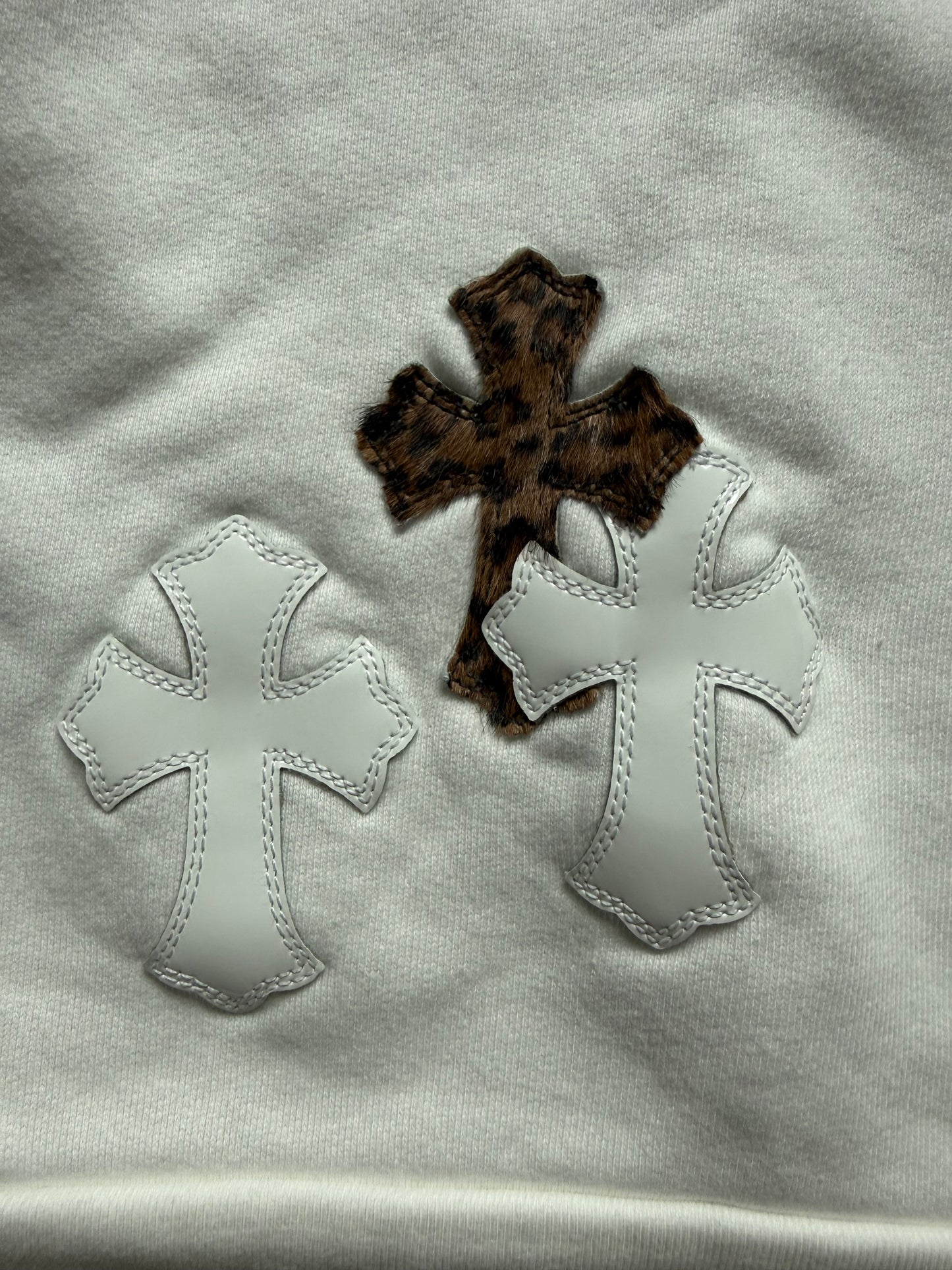 Chrome Hearts Leather Cross Patch Crewneck Sweatshirt White Cheetah