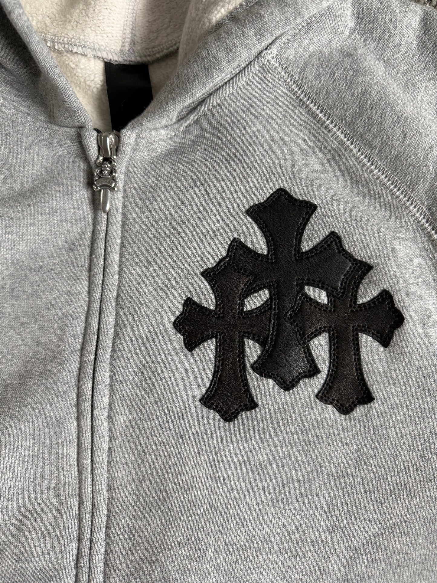 Chrome Hearts Leather Triple Cross Paper Jam Zip Up Hoodie Grey