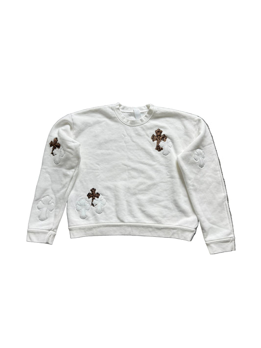 Chrome Hearts Leather Cross Patch Crewneck Sweatshirt White Cheetah