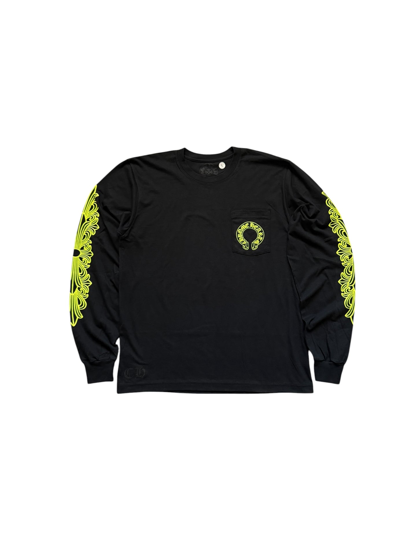 Chrome Hearts Neon Lime Horseshoe Floral LS T-Shirt Black