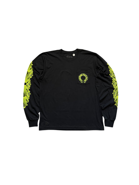 Chrome Hearts Neon Lime Horseshoe Floral LS T-Shirt Black
