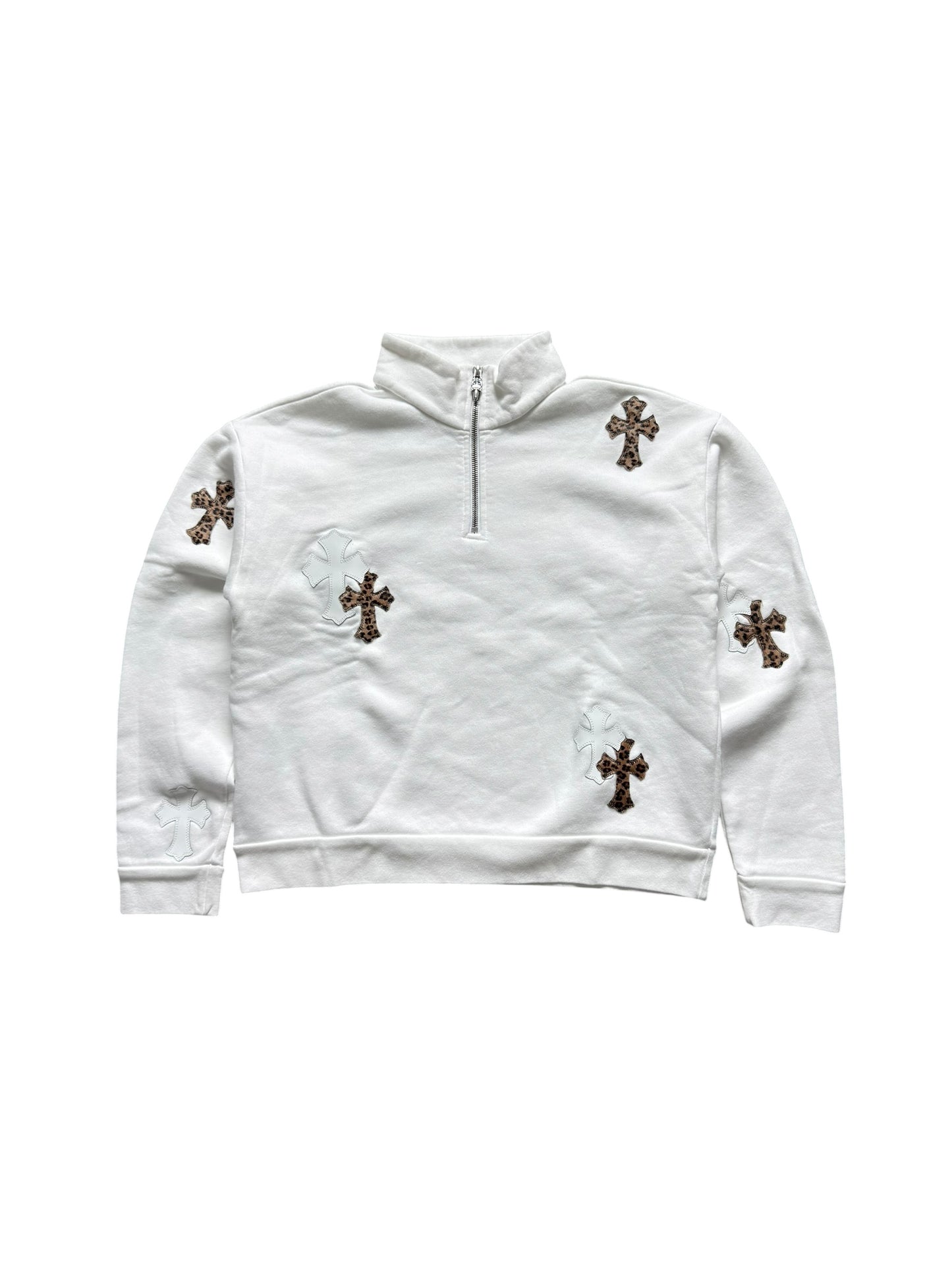 Chrome Hearts Leather Cross Patch Quarter Zip Sweatshirt White Cheetah