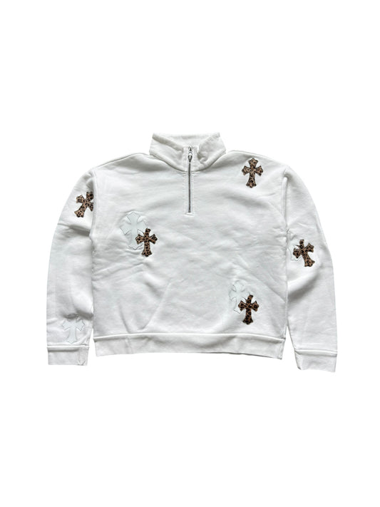 Chrome Hearts Leather Cross Patch Quarter Zip Sweatshirt White Cheetah