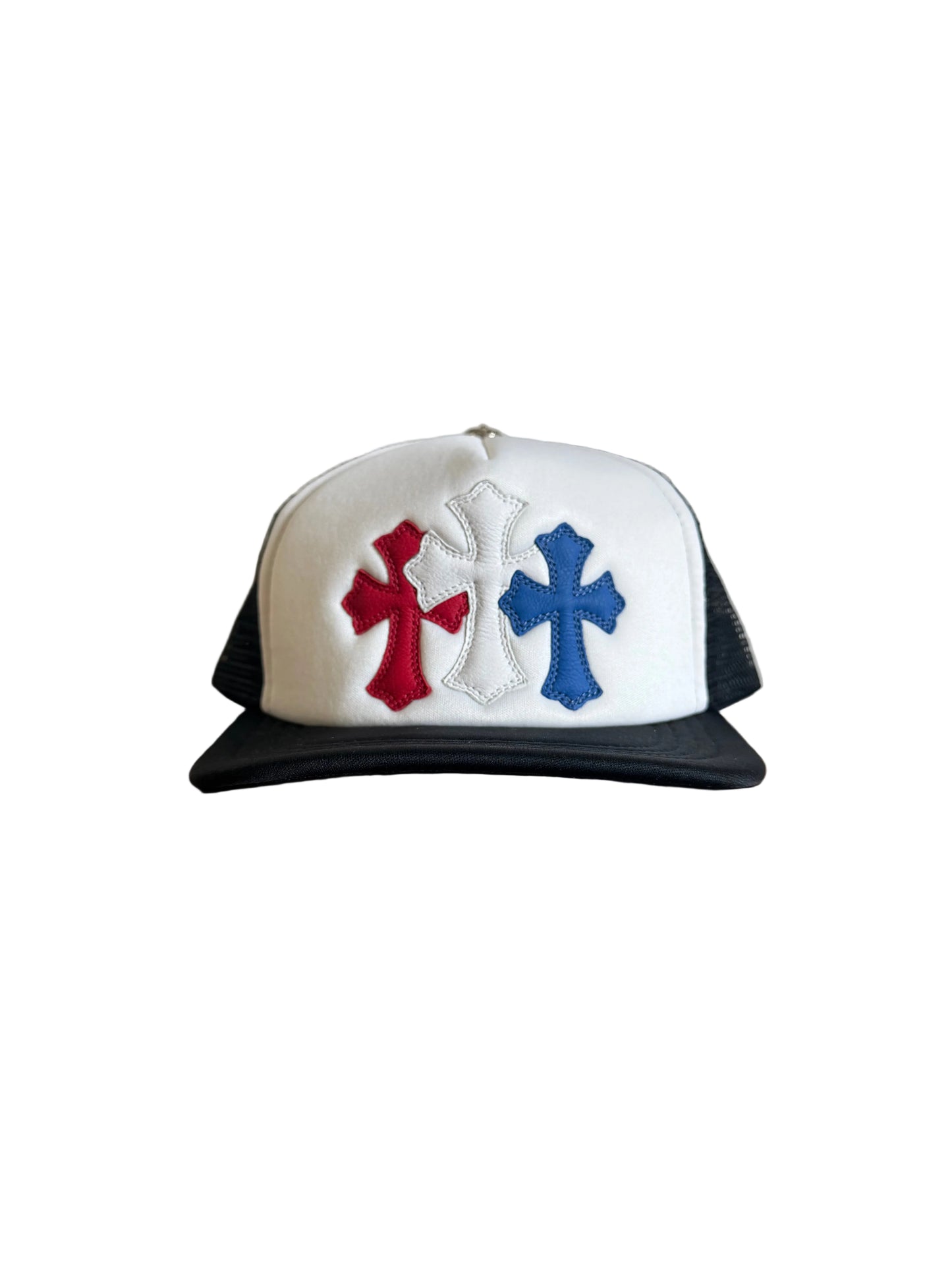 Chrome Hearts Cemetery Triple Cross Leather Trucker White Blue Red