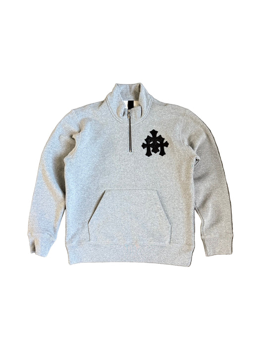 Chrome Hearts Leather Triple Cross Paper Jam 1/4 Zip Sweater Grey