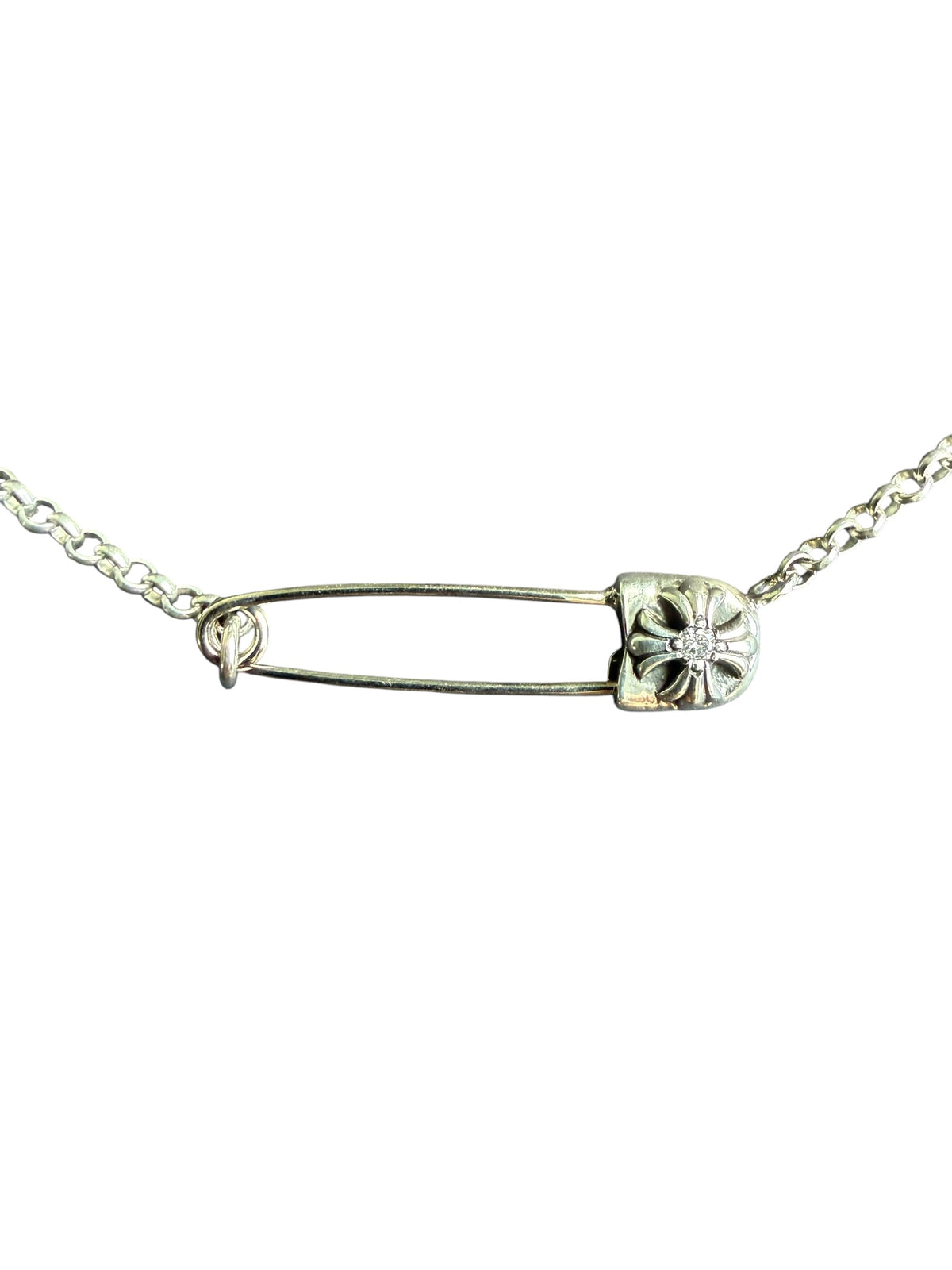Chrome Hearts Diamond Safety Pin Necklace Silver 16”