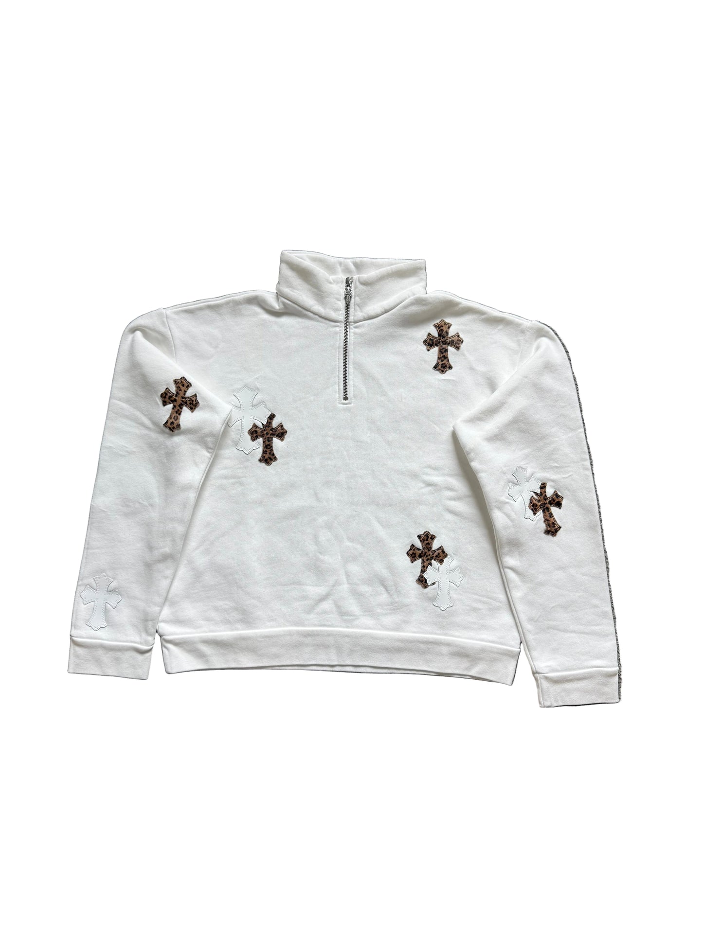 Chrome Hearts Leather Cross Patch Quarter Zip Sweatshirt White Cheetah