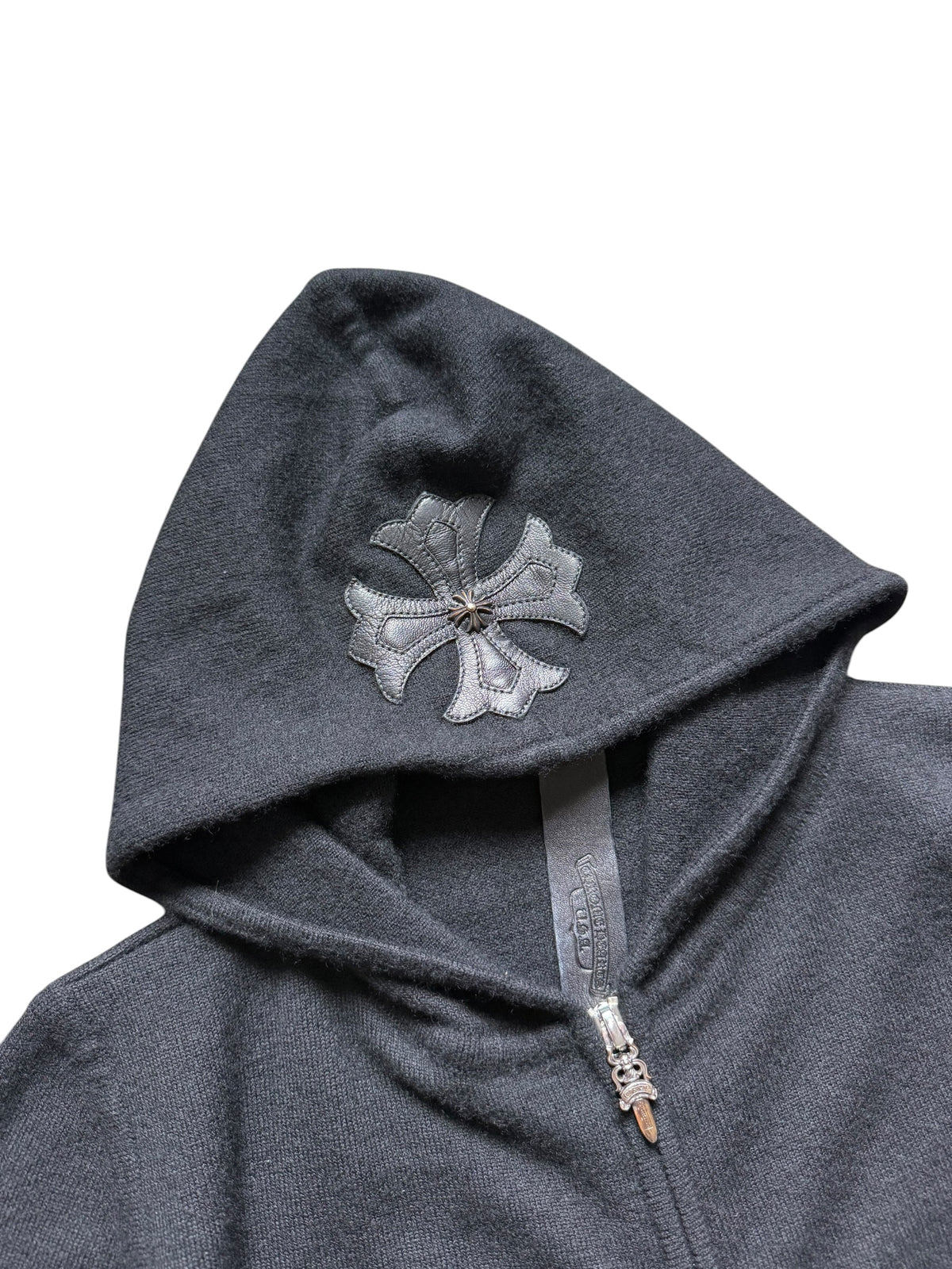 Chrome Hearts Cashmere Leather Floral Cross Embellished Zip Up Hoodie