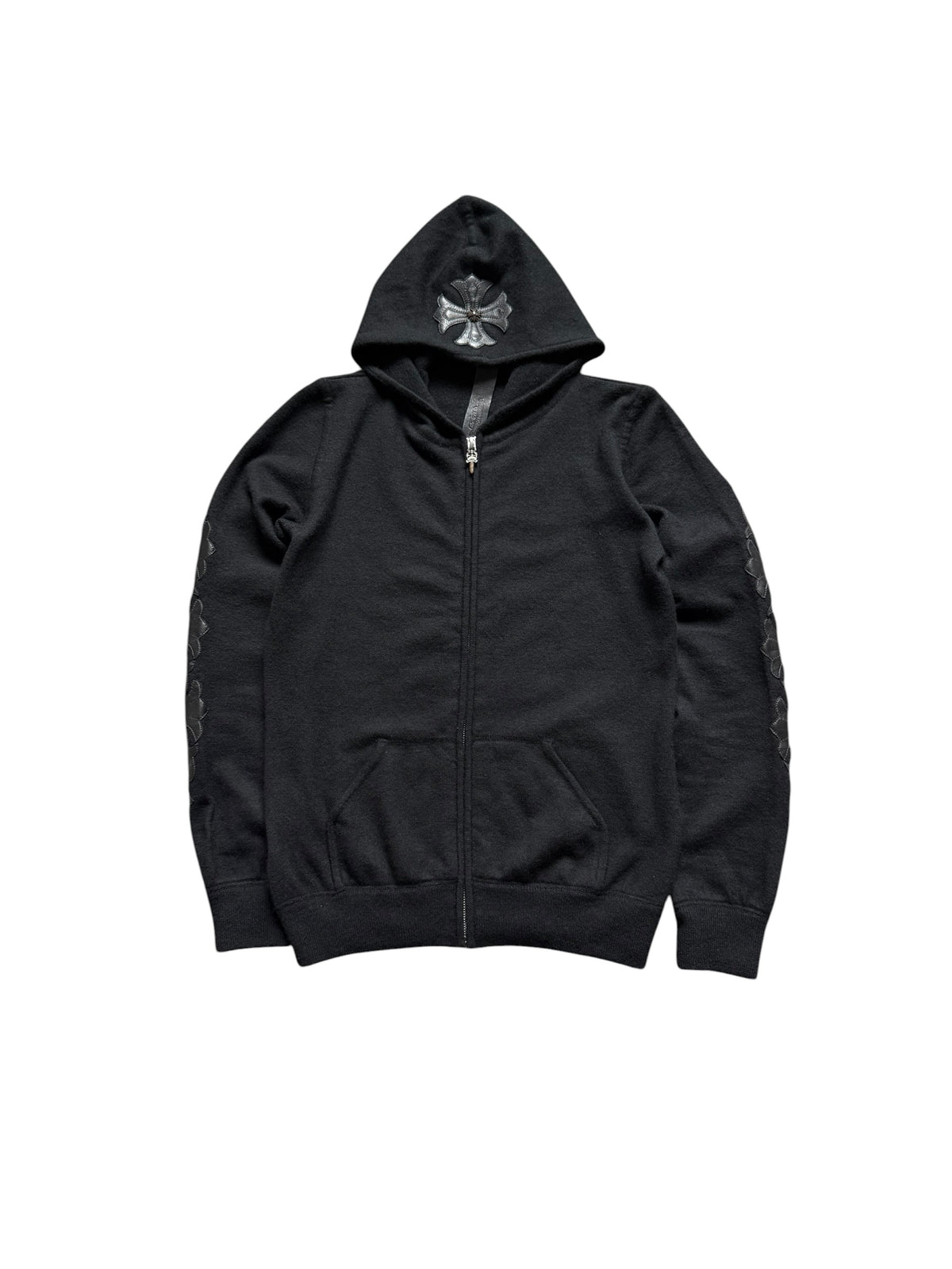 Chrome Hearts Cashmere Leather Floral Cross Embellished Zip Up Hoodie