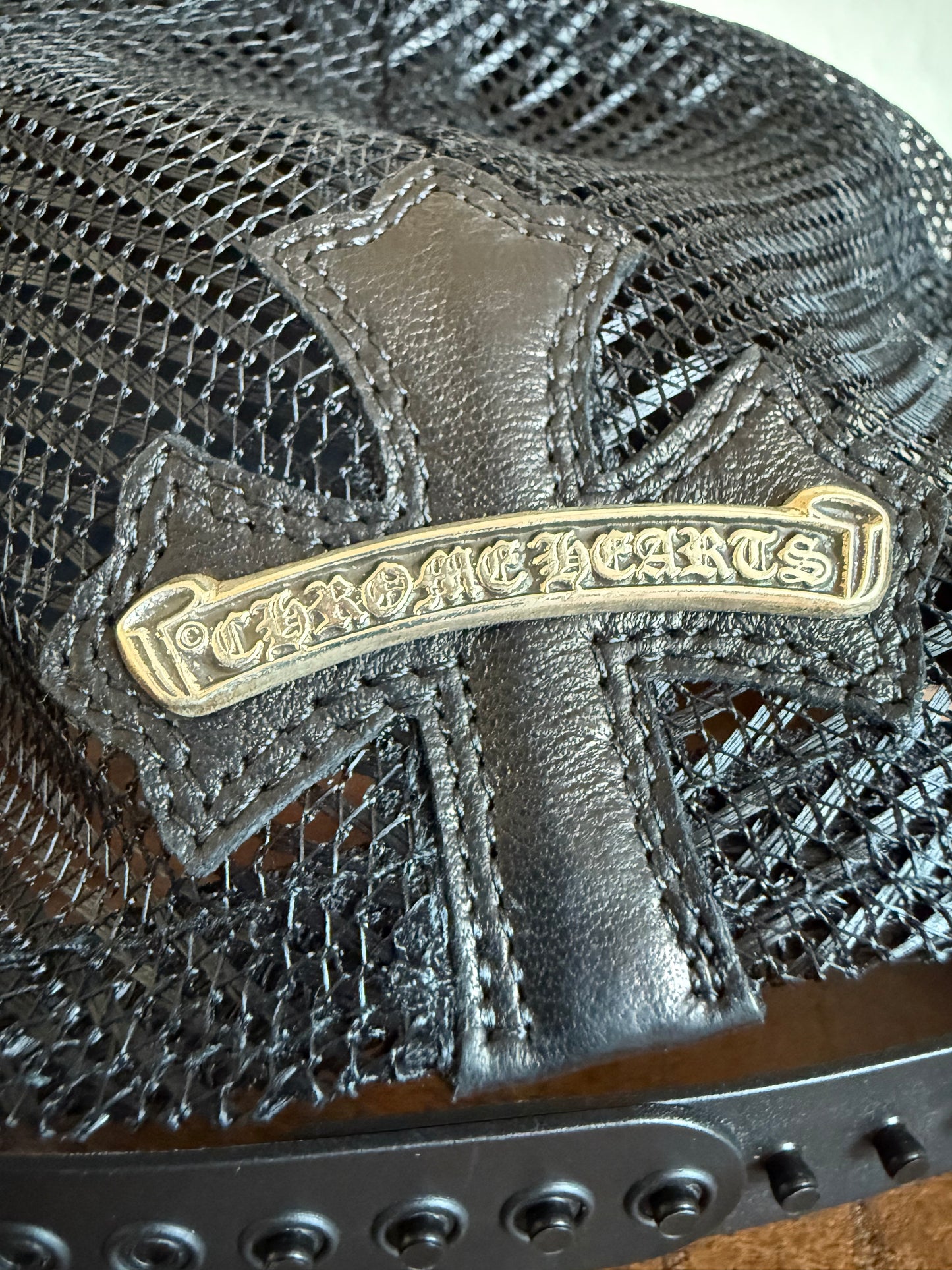 Chrome Hearts Flooded Cemetery Leather Cross Patch Trucker Black