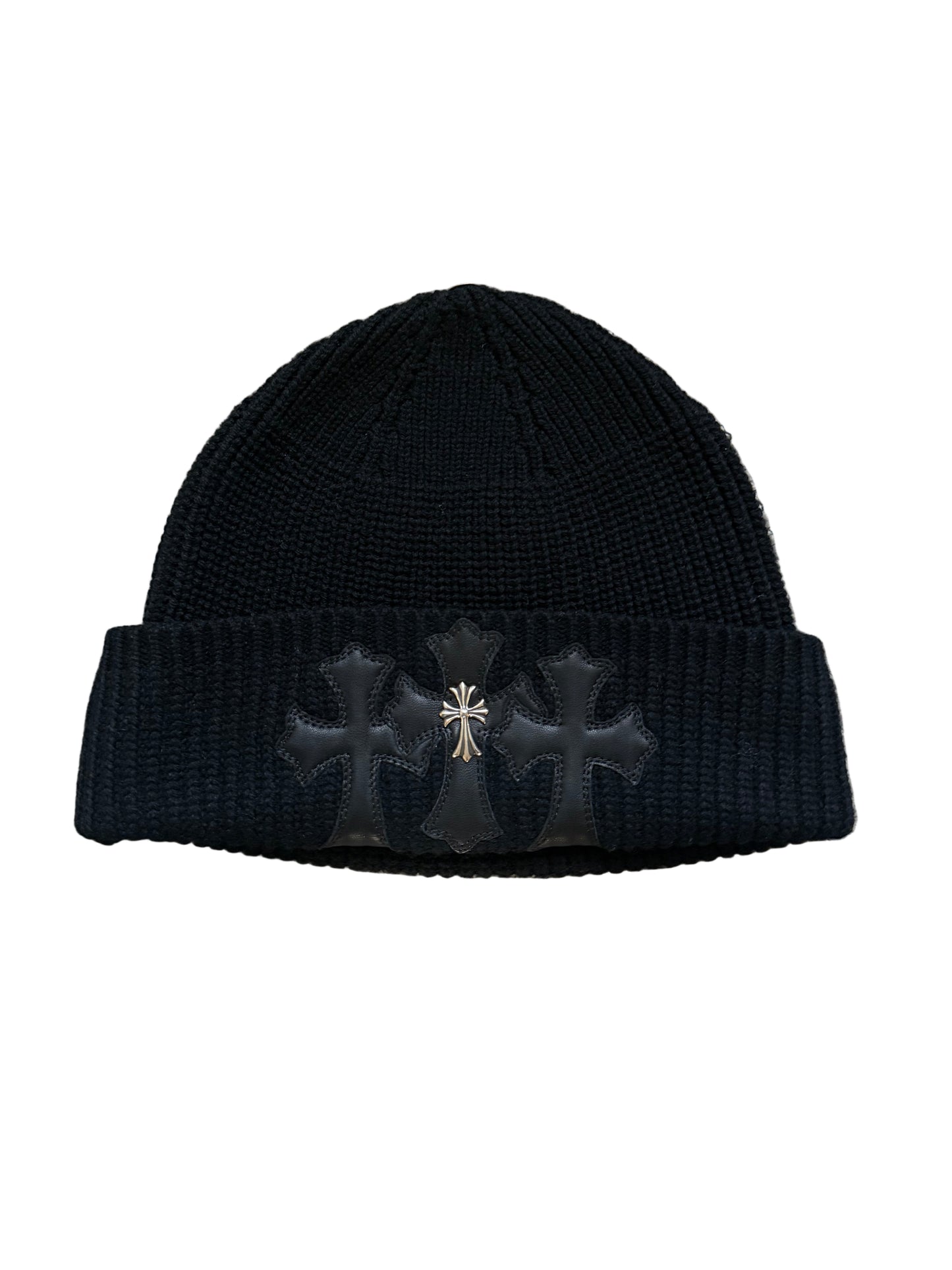 Chrome Hearts Leather Triple Cross Silver Embellished Beanie Black