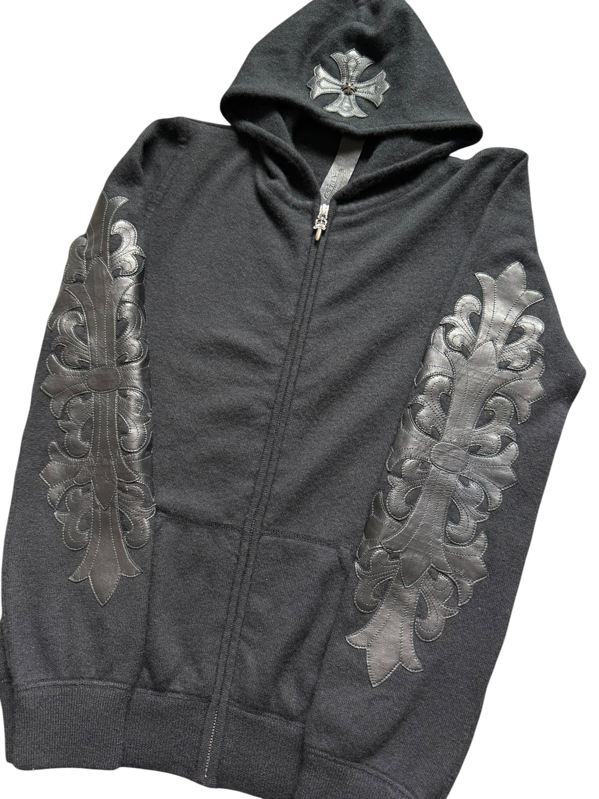 Chrome Hearts Cashmere Leather Floral Cross Embellished Zip Up Hoodie