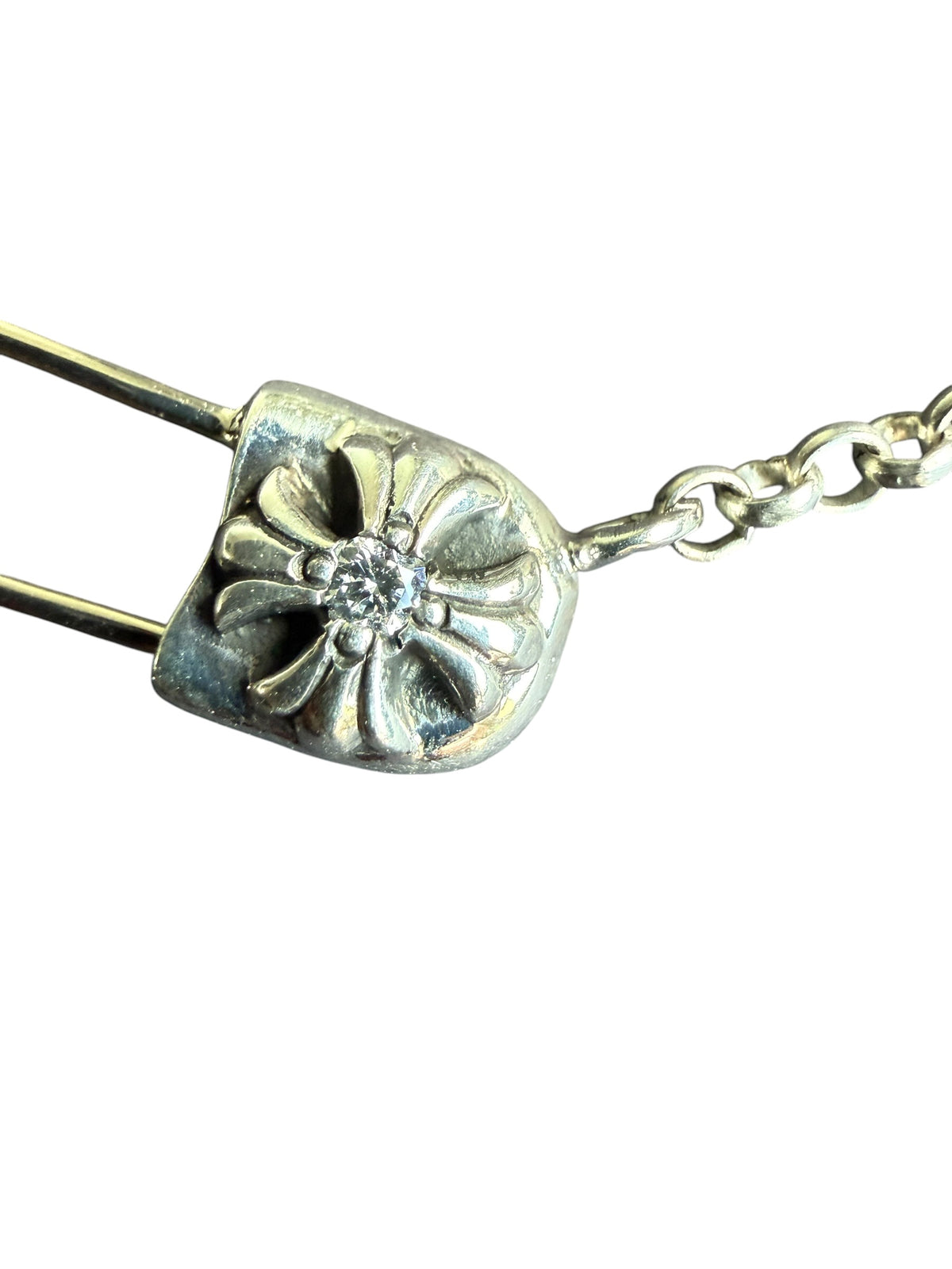 Chrome Hearts Diamond Safety Pin Necklace Silver 16”