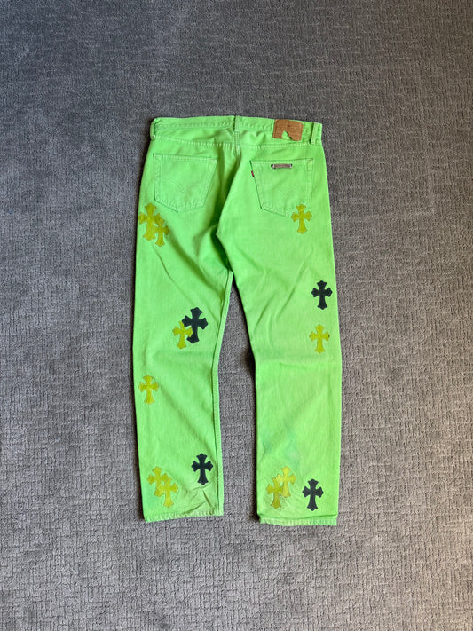 Chrome Hearts Sex Records Green Levis Leather Cross Denim Jeans