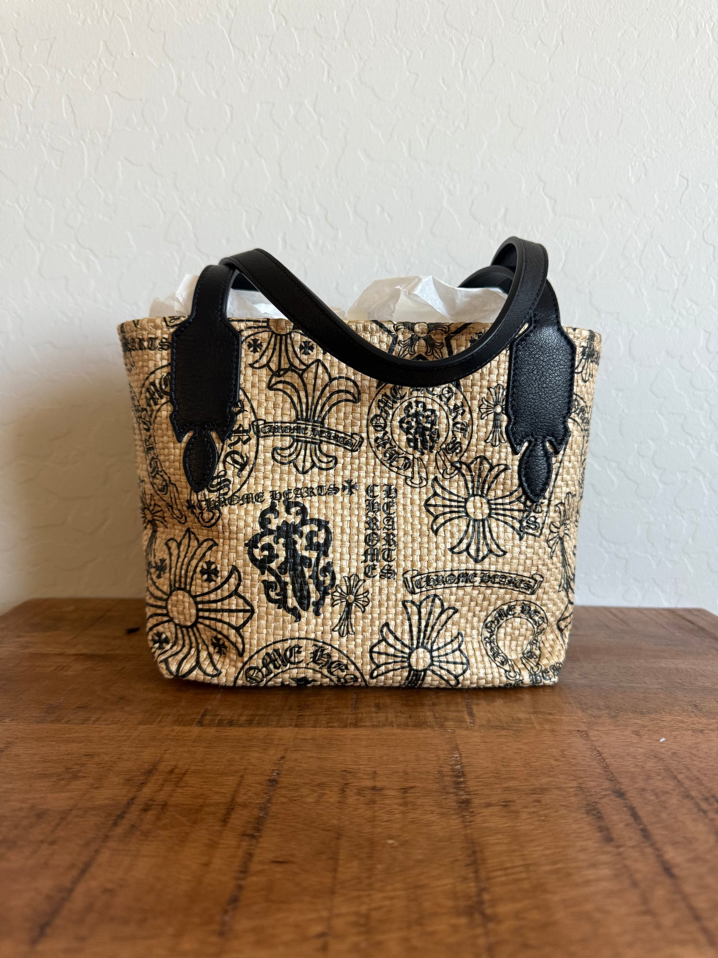 Chrome Hearts Cross Stencil Logo Straw Beach Bag Small