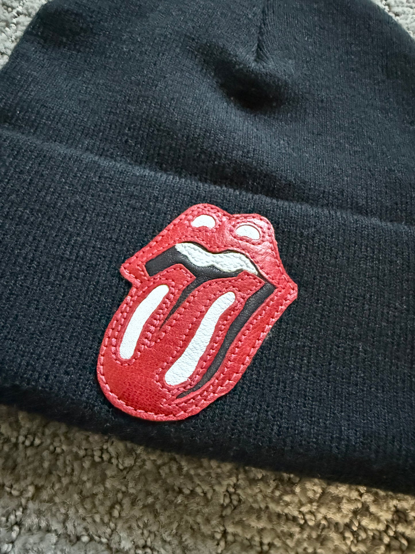 Chrome Hearts Rolling Stones Leather Patch Beanie Black