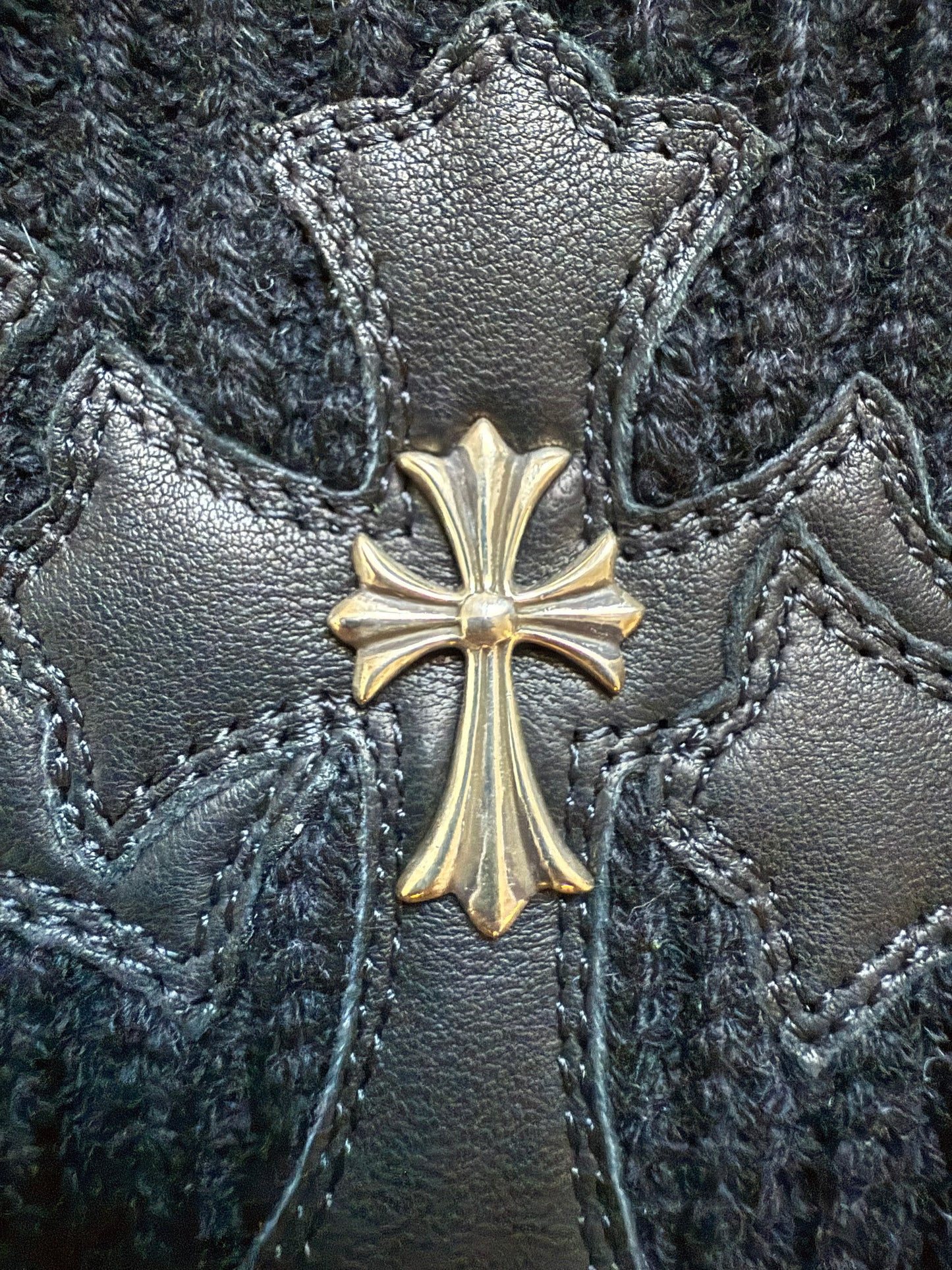 Chrome Hearts Leather Triple Cross Silver Embellished Beanie Black