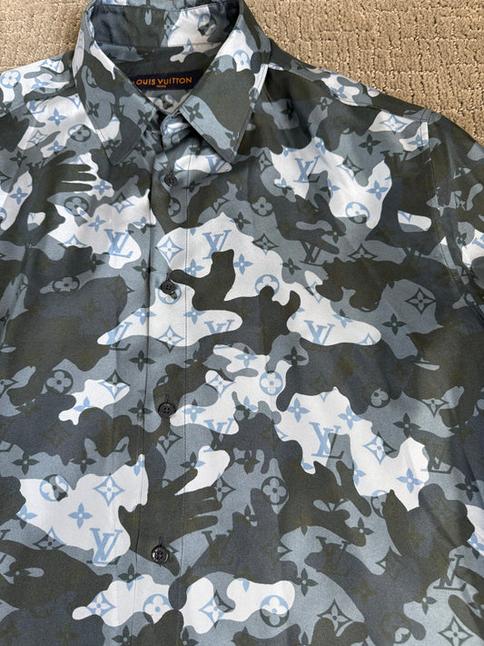 Louis Vuitton Silk Monogram Blue Camo LS Button-Up Shirt