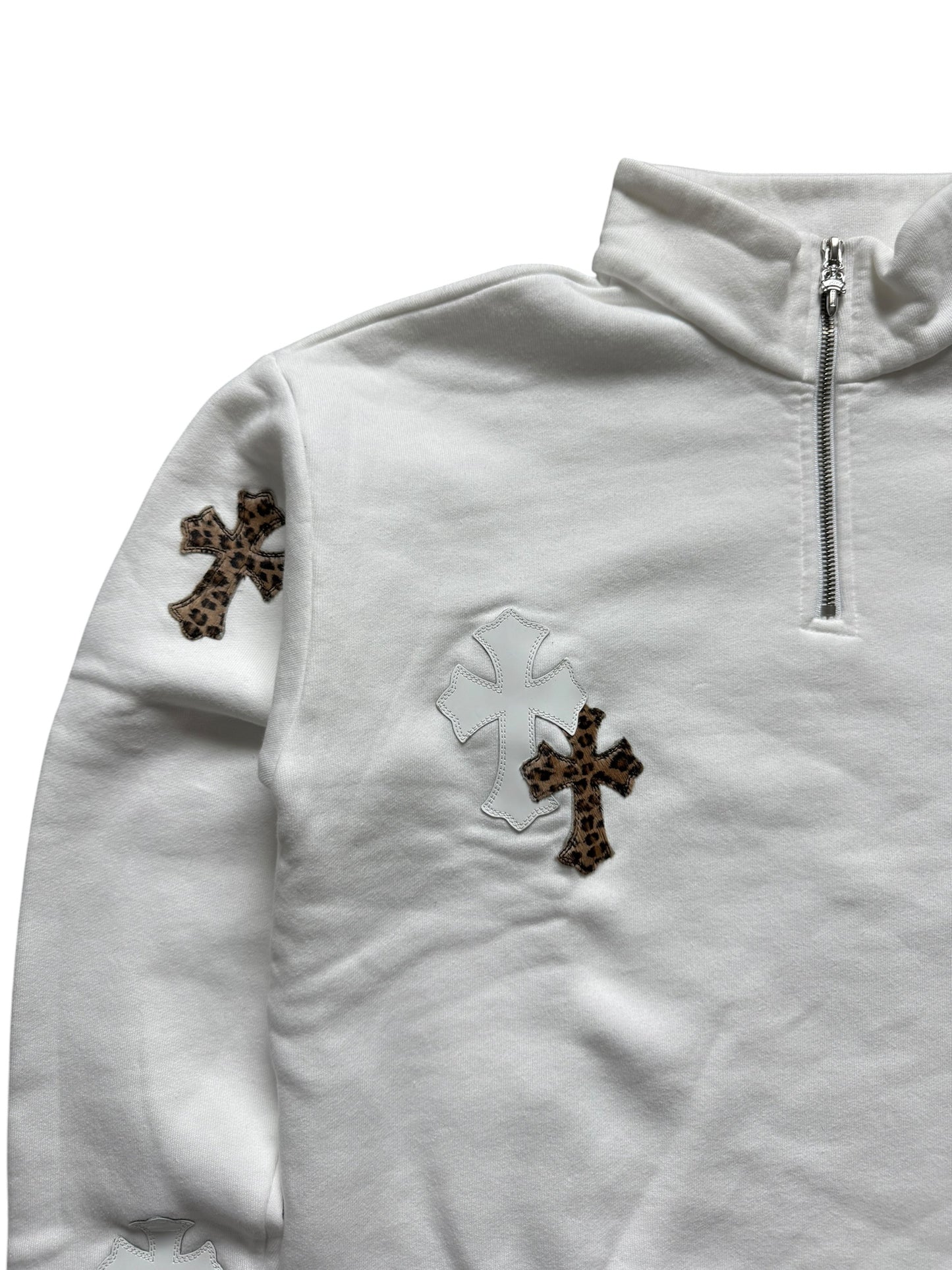Chrome Hearts Leather Cross Patch Quarter Zip Sweatshirt White Cheetah