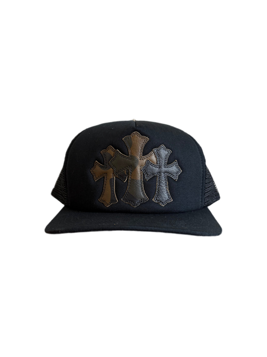 Chrome Hearts Camo Cemetery Leather Cross Patch Trucker Black