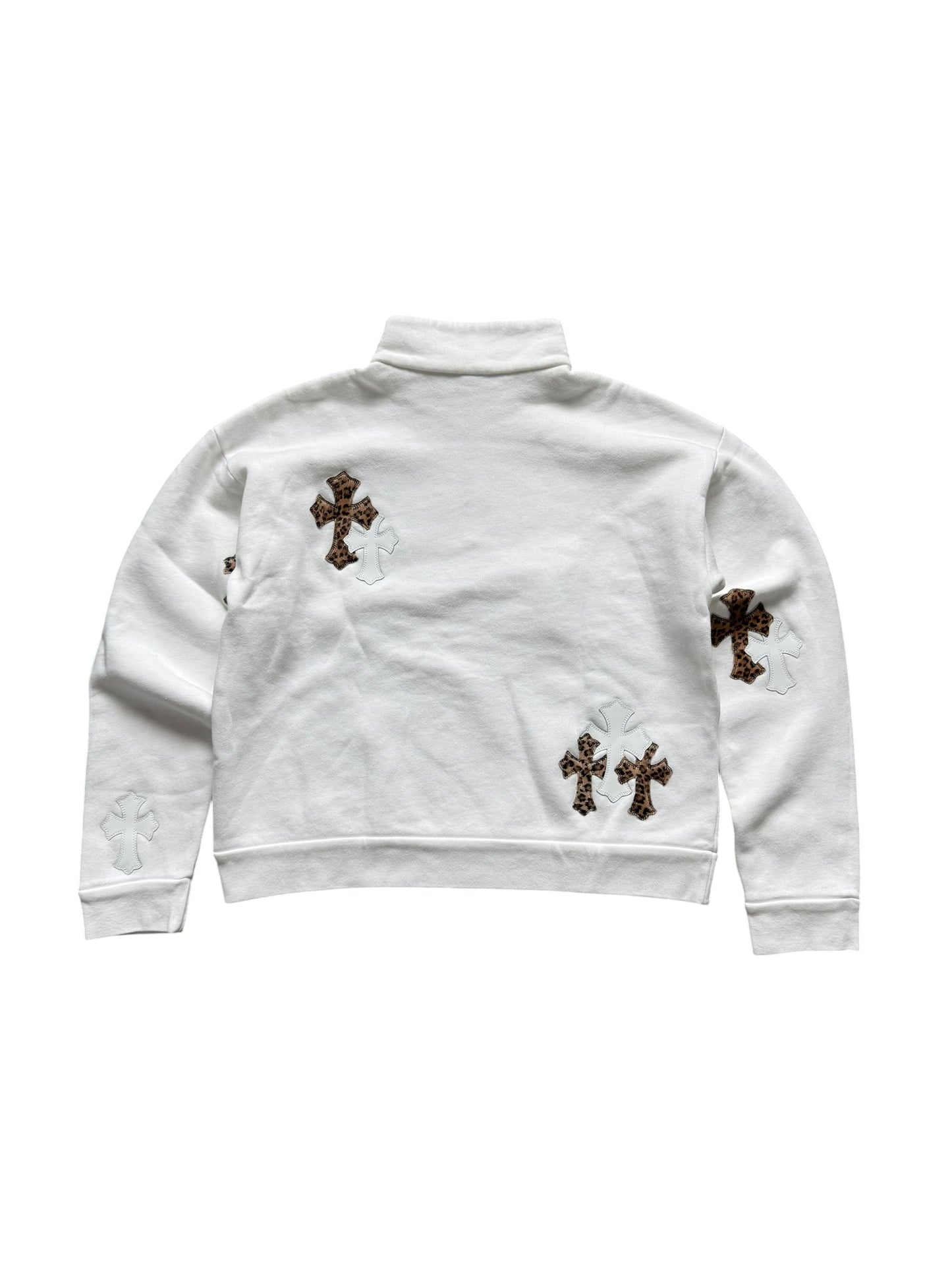 Chrome Hearts Leather Cross Patch Quarter Zip Sweatshirt White Cheetah
