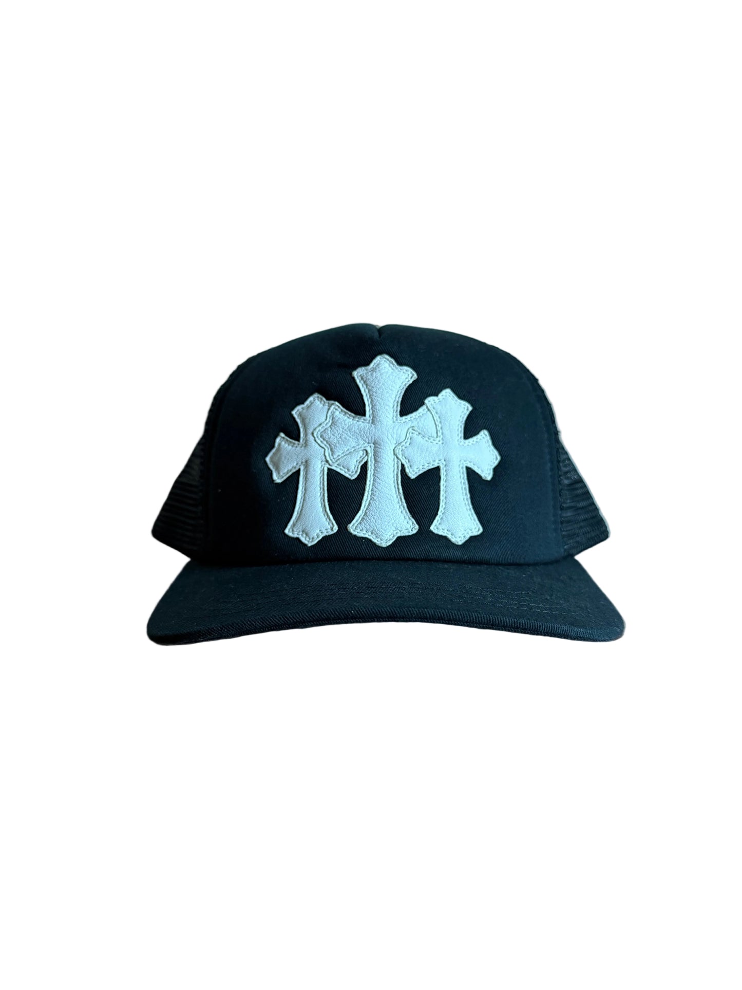 Chrome Hearts Leather Triple Cross Cemetery Trucker Black White