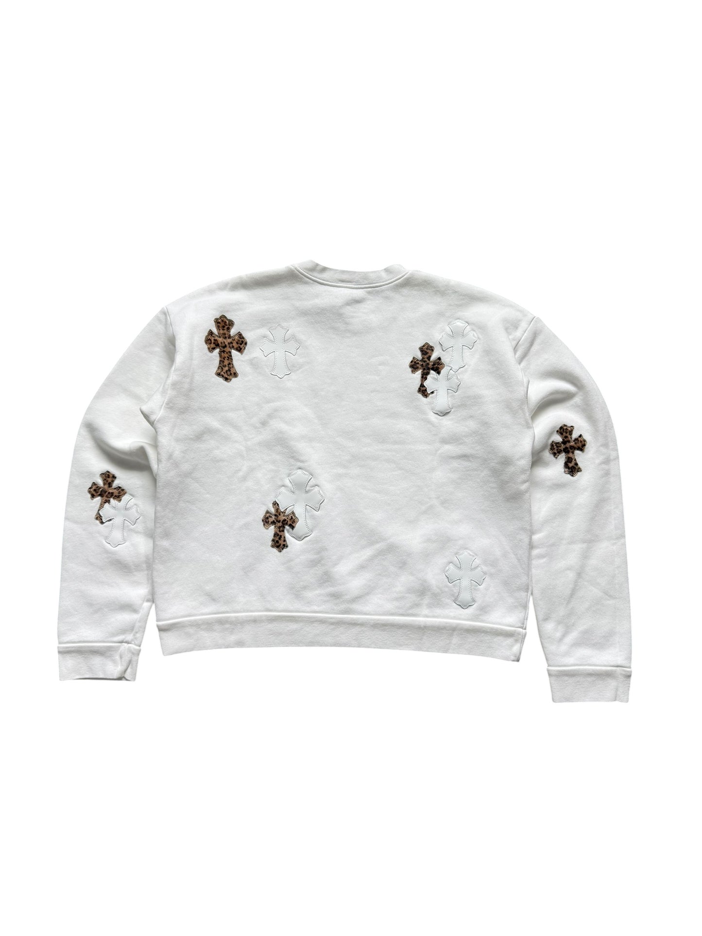 Chrome Hearts Leather Cross Patch Crewneck Sweatshirt White Cheetah