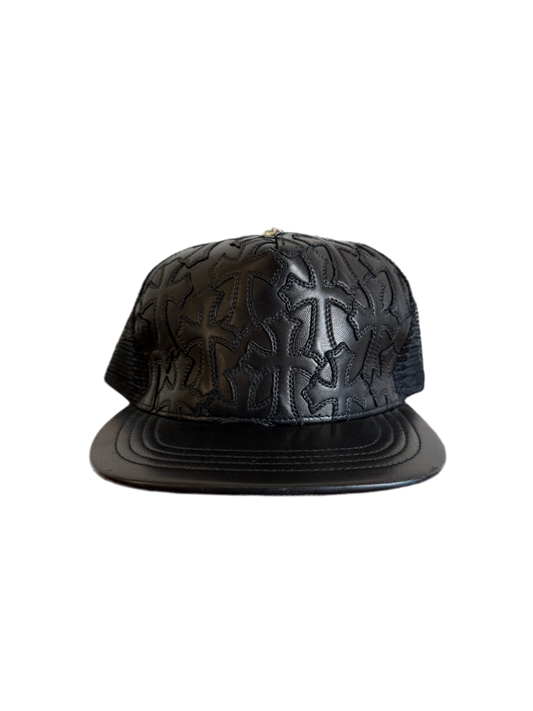 Chrome Hearts Flooded Cemetery Leather Cross Patch Trucker Black