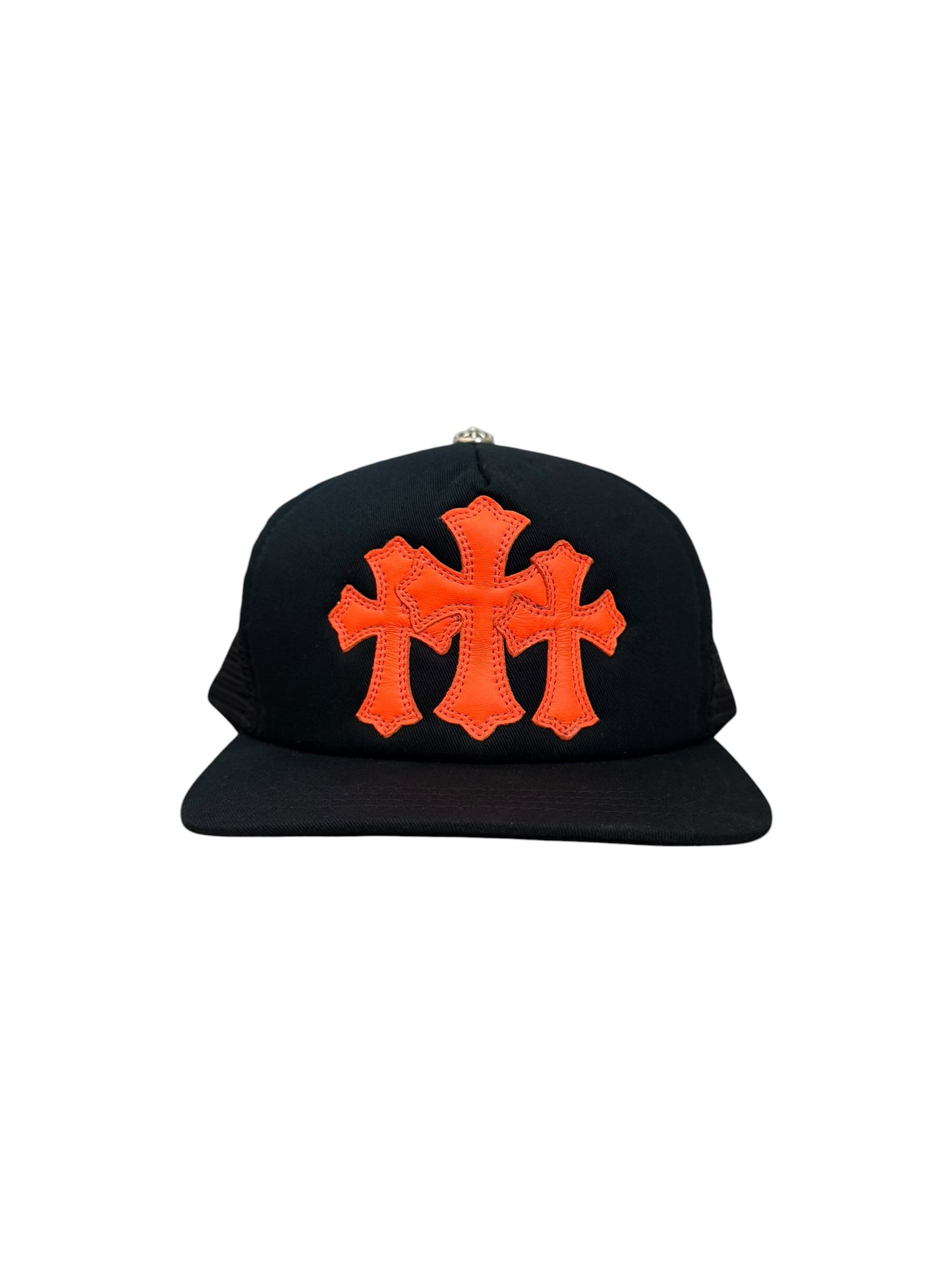 Chrome Hearts Cemetery Triple Cross Leather Trucker Black Orange