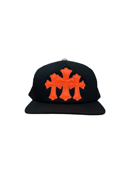 Chrome Hearts Cemetery Triple Cross Leather Trucker Black Orange